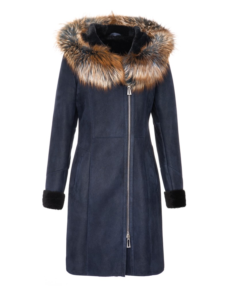 Kożuch damski w kolorze granatowym z futrzanym kapturem i eleganckim zapięciem na zamek