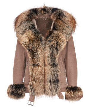 Kożuch damski w kolorze beżowym z futrzanym kołnierzem i mankietami, zapinany na suwak z paskiem w talii