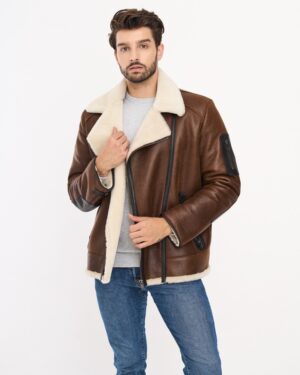 brązowy kożuch męski z białym futrem, z zamkiem i kieszeniami, idealny na zimowe dni