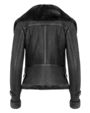 Kożuch damski z futrzanym kołnierzem i regulowanym paskiem w talii