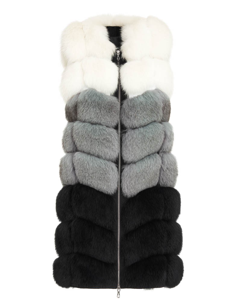 Kamizelka futrzana w odcieniach bieli, szarości i czerni, z suwakiem i eleganckim kołnierzem