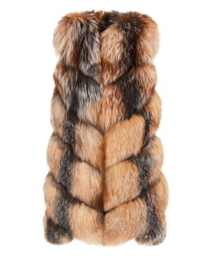 Kamizelka futrzana w odcieniach brązu i rudości, z efektownym wzorem i gęstym włosiem, bez rękawów