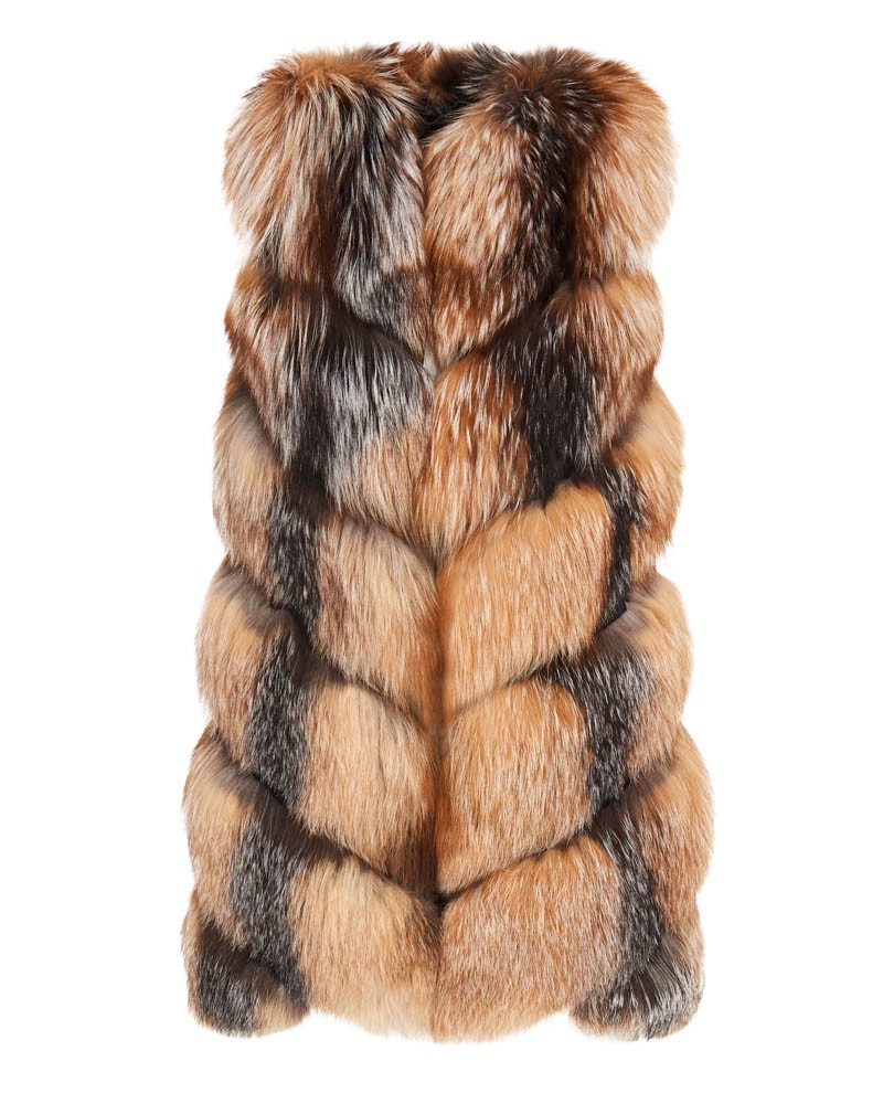 Kamizelka futrzana w odcieniach brązu i rudości, z efektownym wzorem i gęstym włosiem, bez rękawów