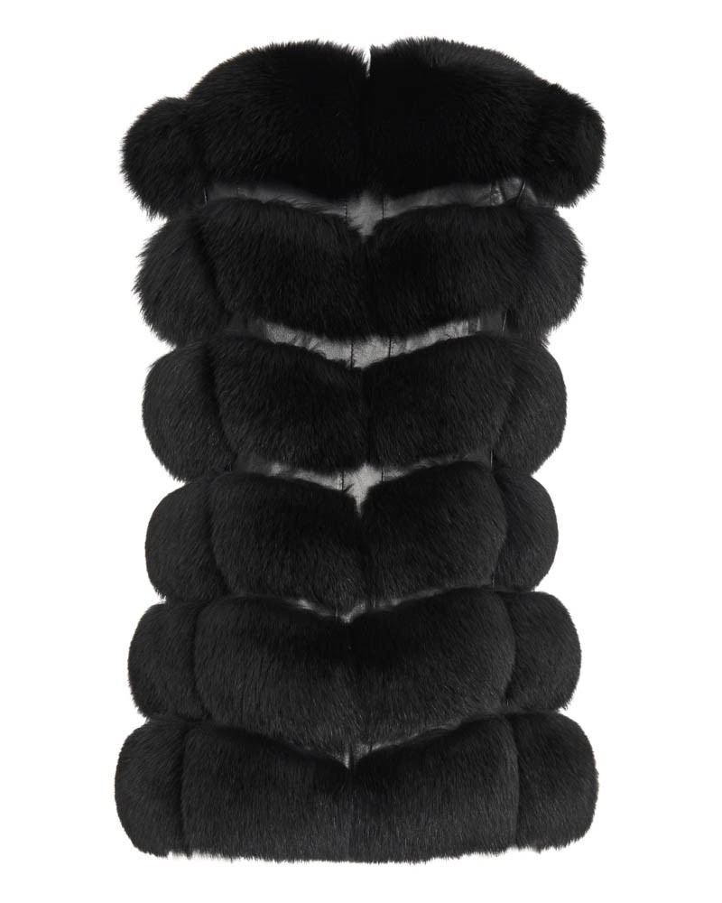 Kamizelka futrzana w czarnym kolorze, o eleganckim kroju z efektownymi przeszyciami i miękką teksturą