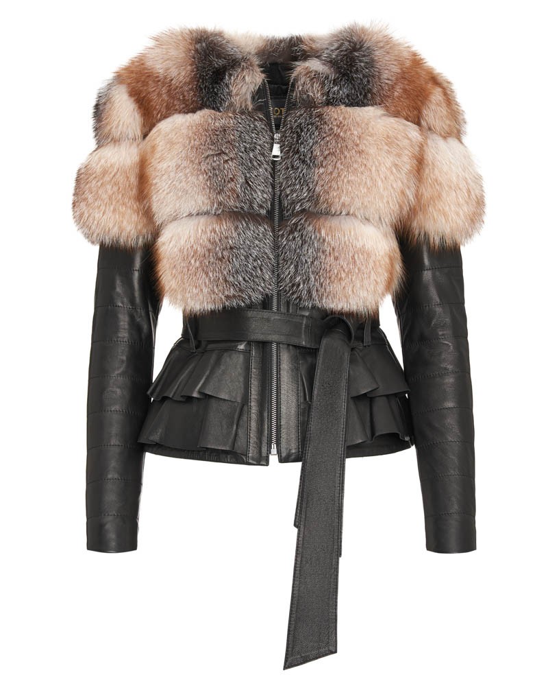 Kurtka skórzana damska z futrzanym kołnierzem, czarna, z paskiem w talii i falbanami na dole