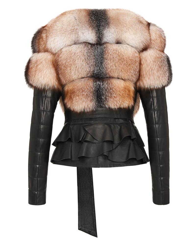 Kurtka skórzana damska z futrzanym kołnierzem, czarna, z falbaną i paskiem w talii