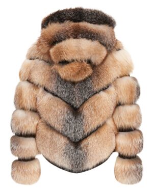 Futro naturalne w odcieniach brązu i beżu z efektownym kołnierzem i puszystymi rękawami