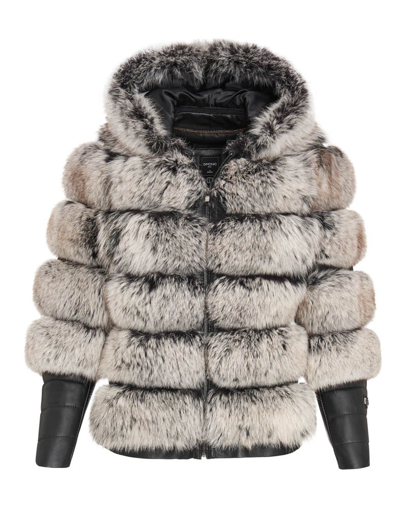 Futro naturalne w odcieniach szarości z kapturem, z wykończeniem ze skóry na rękawach