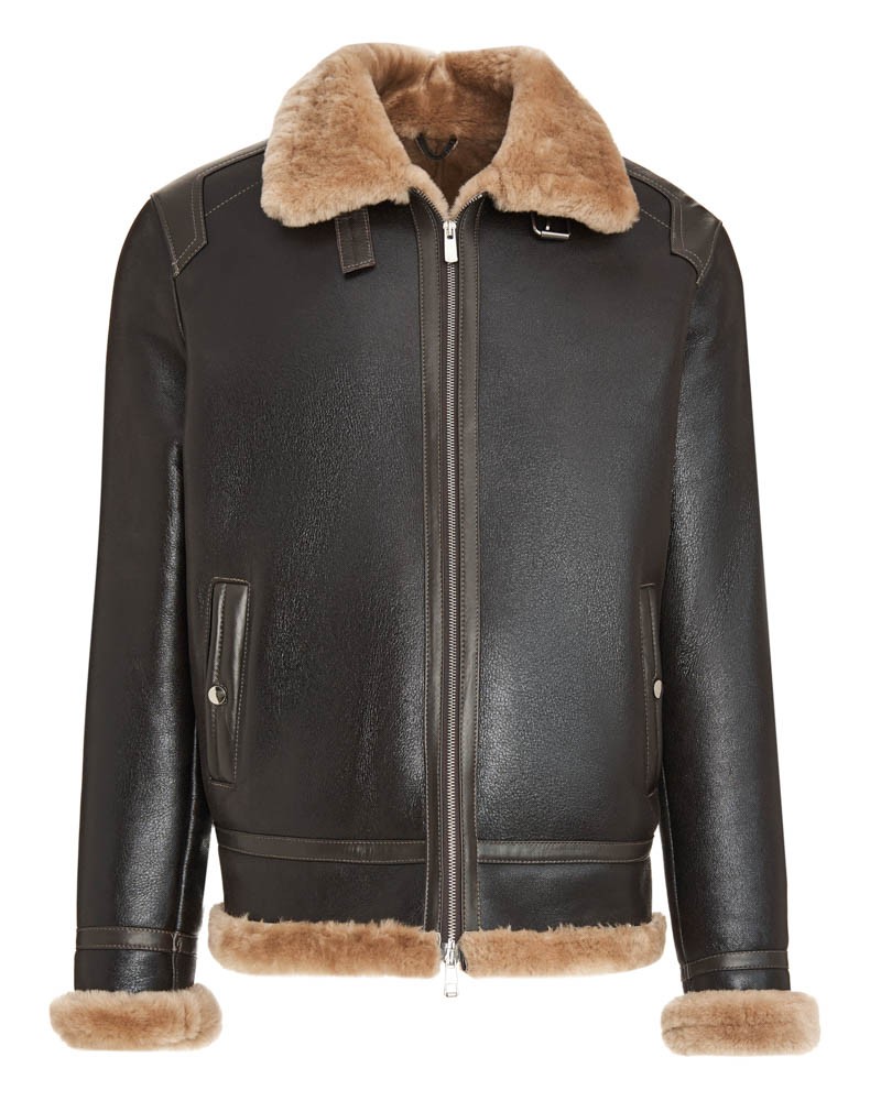 Kożuch męski z futrzanym kołnierzem i mankietami, zapinana na zamek, z dwiema kieszeniami