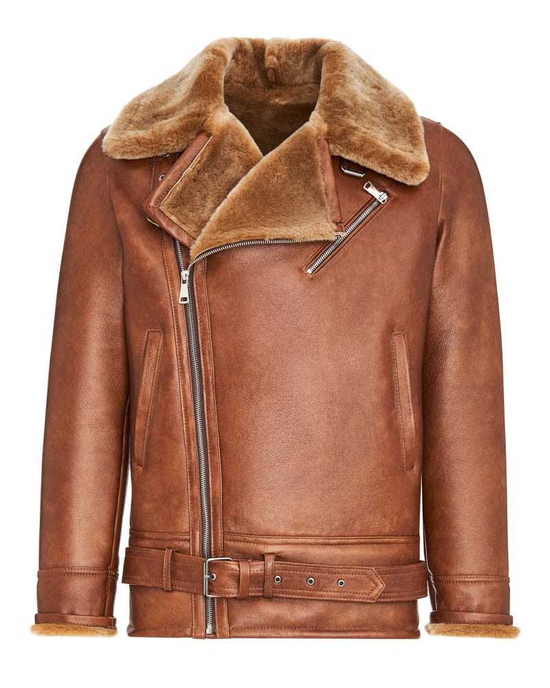 Kożuch męski w brązowym kolorze z futrzanym kołnierzem i paskiem w talii