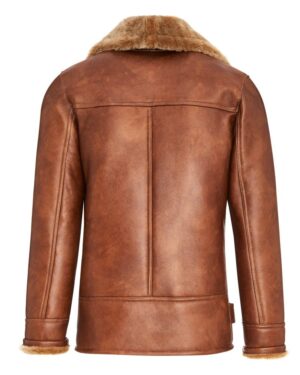 Kożuch męski w kolorze camel z futrzanym kołnierzem i prostym krojem