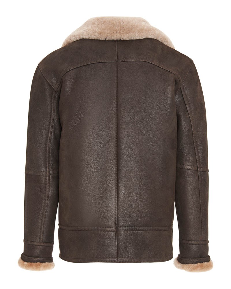 Kożuch męski w ciemnym kolorze z miękkim futrzanym kołnierzem i mankietami, idealny na zimowe dni