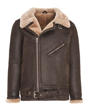 Kożuch męski w kolorze brązowym z futrzanym kołnierzem i paskiem w talii