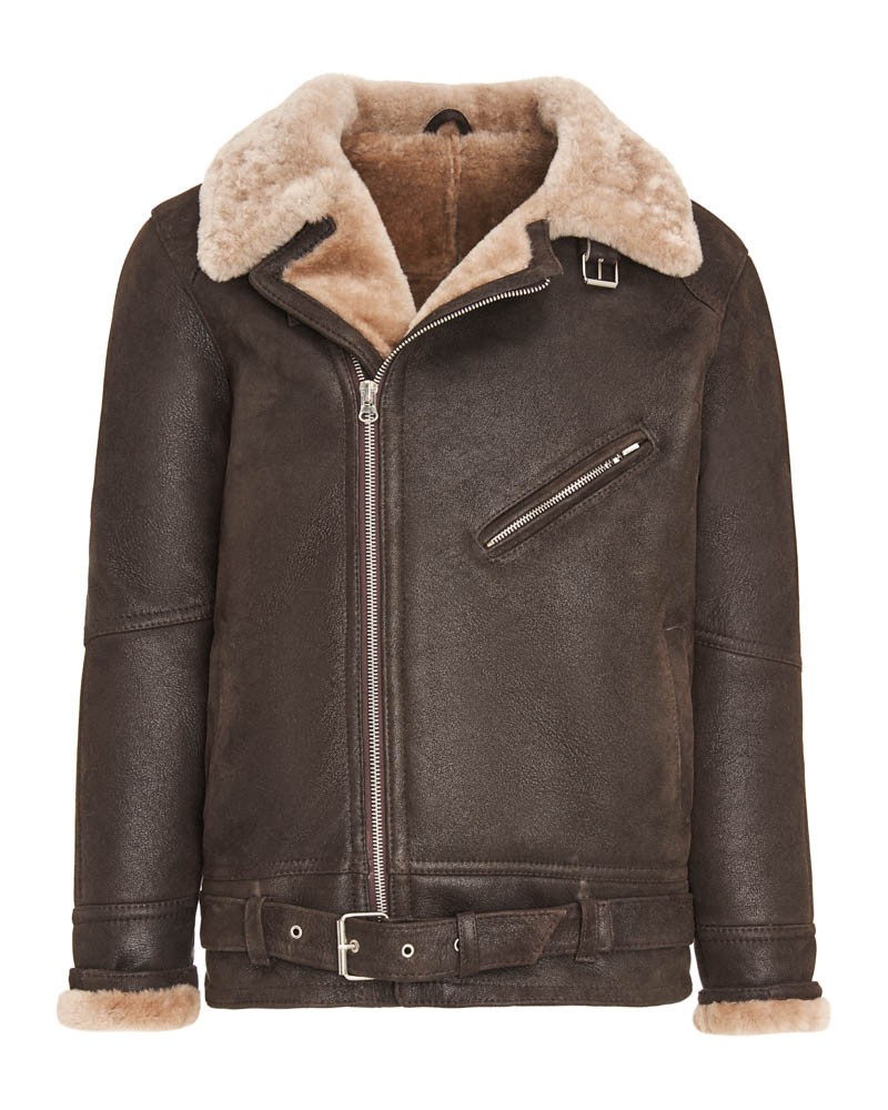 Kożuch męski w kolorze brązowym z futrzanym kołnierzem i paskiem w talii