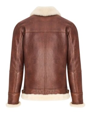 Kożuch męski w brązowym kolorze z kołnierzem z futra, z paskiem w dolnej części