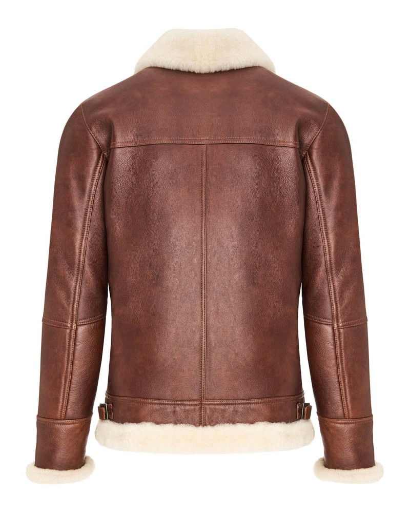 Kożuch męski w brązowym kolorze z kołnierzem z futra, z paskiem w dolnej części