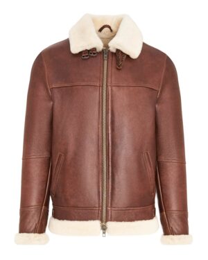 Kożuch męski w brązowym kolorze z białym futrzanym kołnierzem i zamkiem błyskawicznym