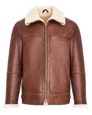 Kożuch męski w brązowym kolorze z futrzanym kołnierzem i zamkiem błyskawicznym