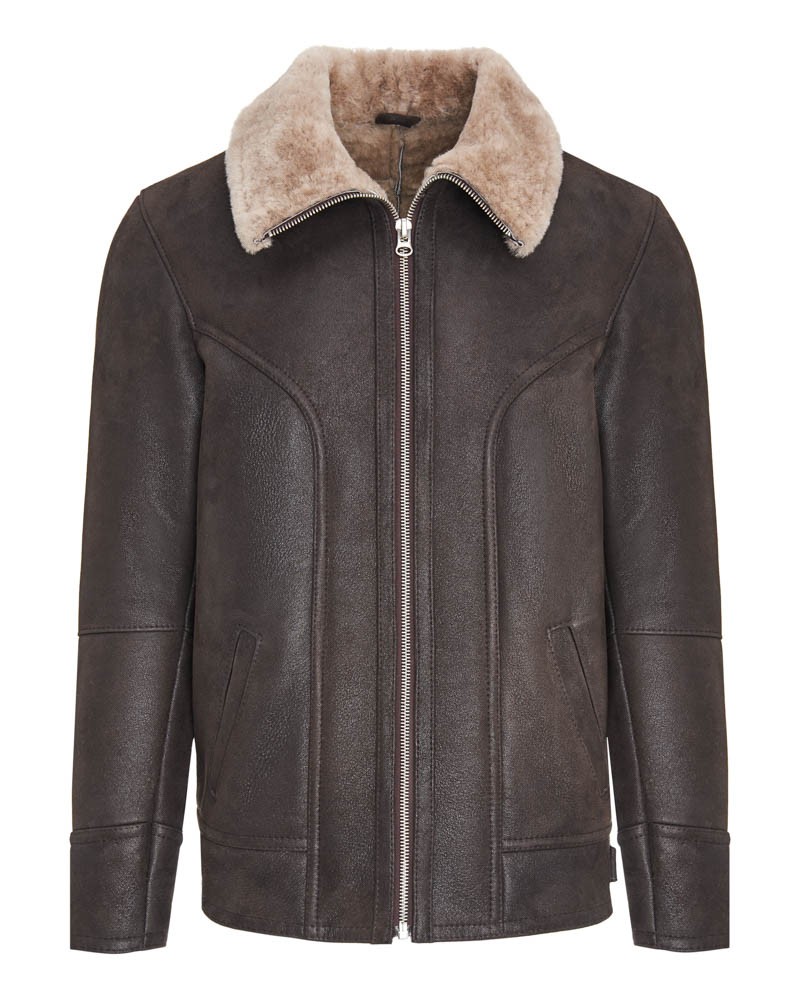 Kożuch męski w ciemnym kolorze z kołnierzem z futra i zamkiem błyskawicznym z przodu