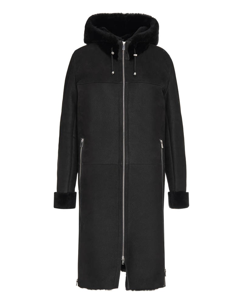 Czarny kożuch damski z kapturem, zapinany na zamek, z futrzanym wykończeniem przy mankietach