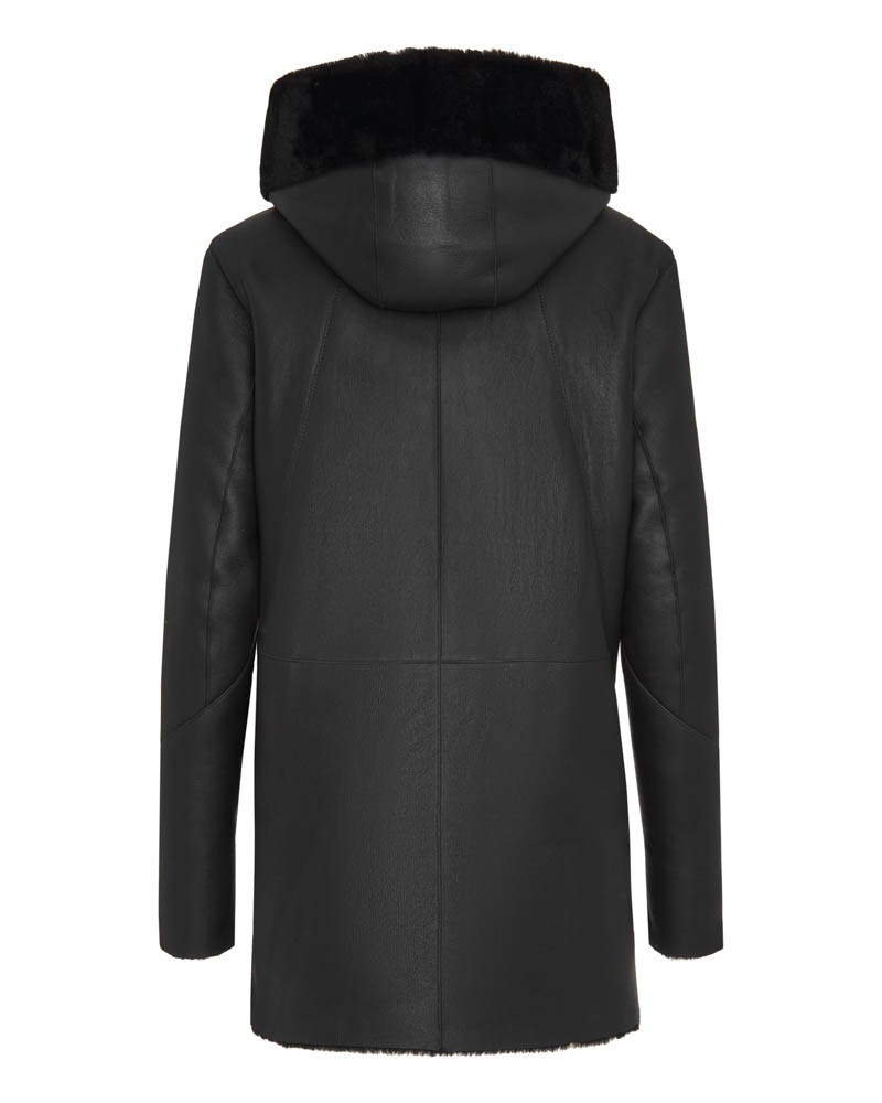 Kożuch damski z kapturem i futrzanym kołnierzem, elegancki krój z długimi rękawami