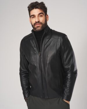 Kurtka skórzana męska w kolorze czarnym, z wysokim kołnierzem i zamkiem błyskawicznym z przodu