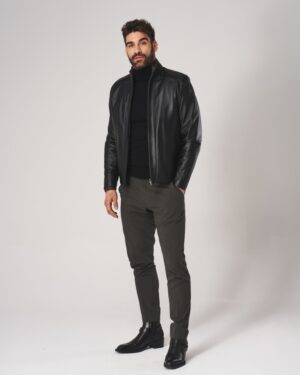 kurtka skórzana męska w kolorze czarnym, z zamkiem, w dopasowanym kroju i stójką