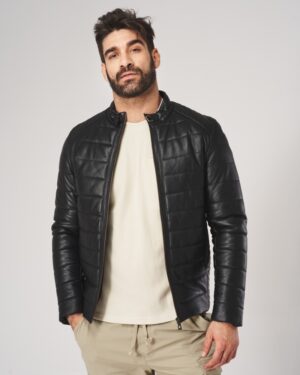 Kurtka skórzana męska w kolorze czarnym, pikowana, z okrągłym kołnierzem i zamkiem błyskawicznym