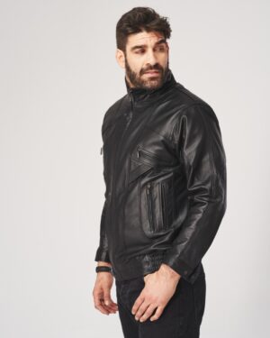 Kurtka skórzana męska w kolorze czarnym, z zamkami, kołnierzem i dopasowanym krojem