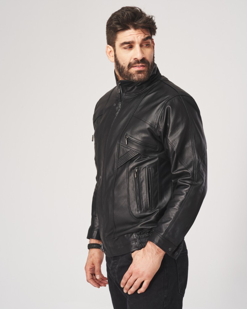 Kurtka skórzana męska w kolorze czarnym, z zamkami, kołnierzem i dopasowanym krojem