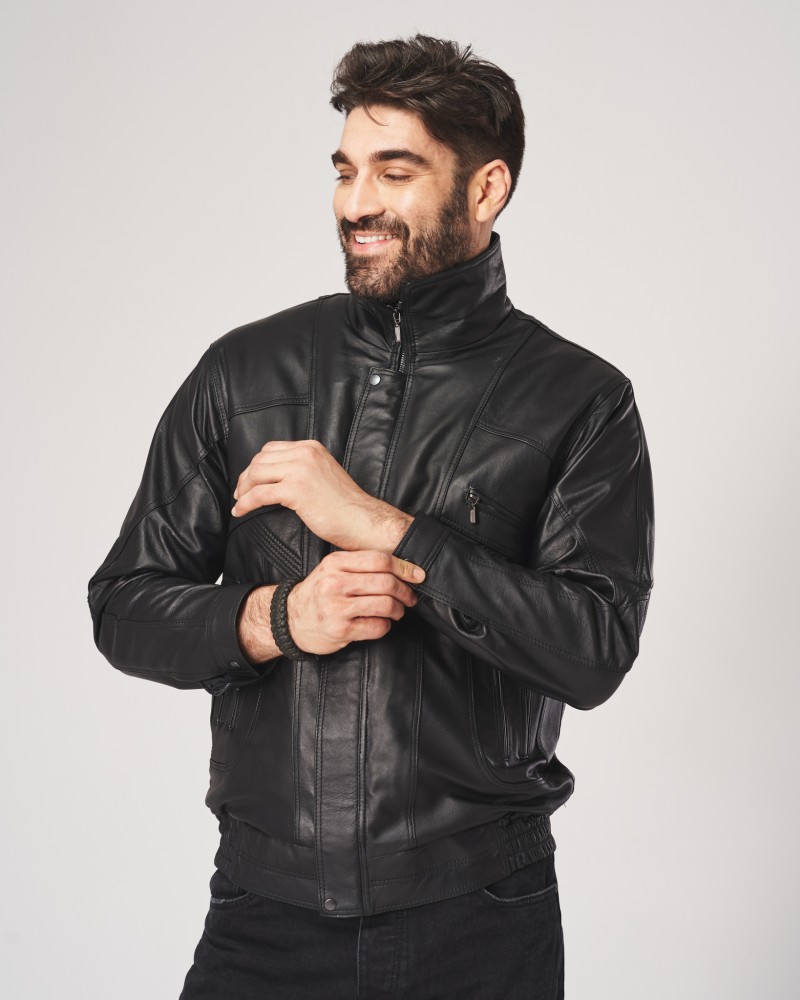 Kurtka skórzana męska w kolorze czarnym z kołnierzem, zamkiem i elastycznym dołem