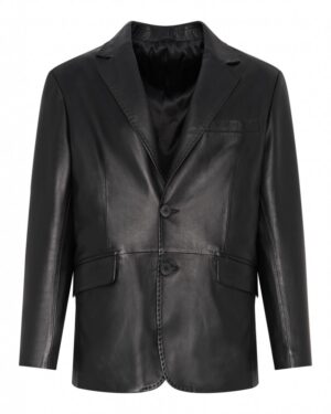 Marynarka skórzana o klasycznym kroju z dwoma guzikami i kieszeniami na klatce piersiowej