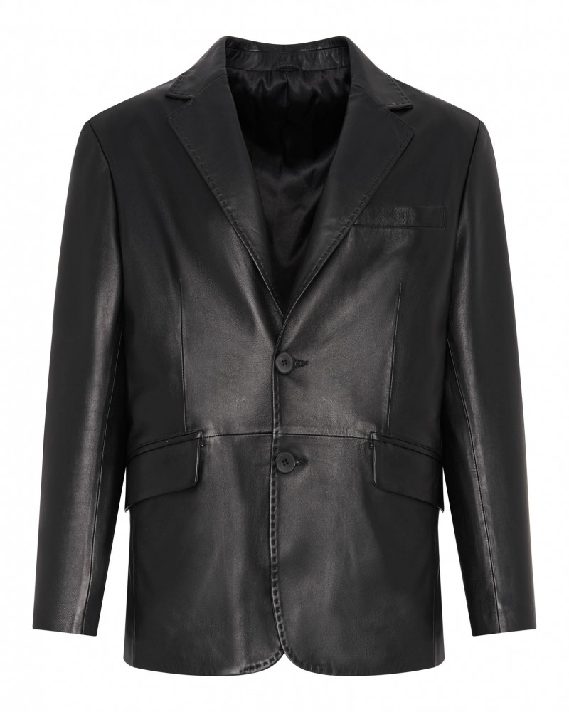 Marynarka skórzana o klasycznym kroju z dwoma guzikami i kieszeniami na klatce piersiowej