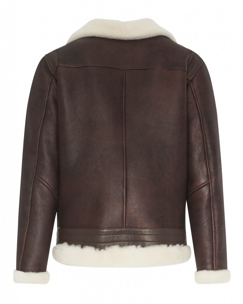 Stylowy kożuch męski w brązowym kolorze z białym futrzanym kołnierzem i mankietami