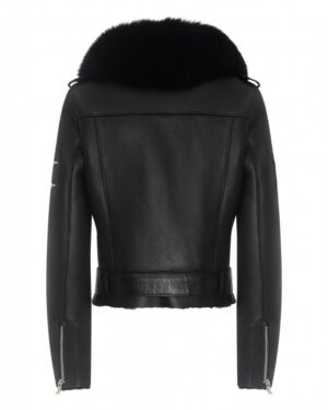 Kożuch damski czarna z futrzanym kołnierzem i zapięciem na zamek błyskawiczny