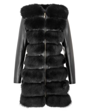 Czarna kamizelka skórzana z futrzanym wykończeniem, zapięcie na zamek, długie rękawy, elegancki krój