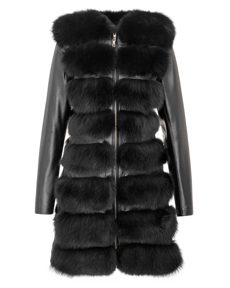 Czarna kamizelka skórzana z futrzanym wykończeniem, zapięcie na zamek, długie rękawy, elegancki krój