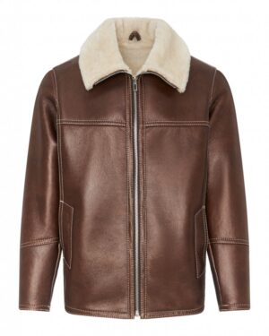 Kożuch męski w brązowym kolorze z kołnierzem z futra i zamkiem błyskawicznym z przodu