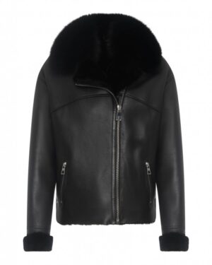 Kożuch damski w kolorze czarnym z futrzanym kołnierzem i mankietami, zapinana na zamek błyskawiczny