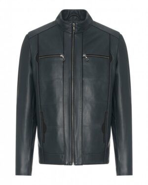 Kurtka skórzana męska w ciemnym odcieniu, z zamkami błyskawicznymi i minimalistycznym krojem