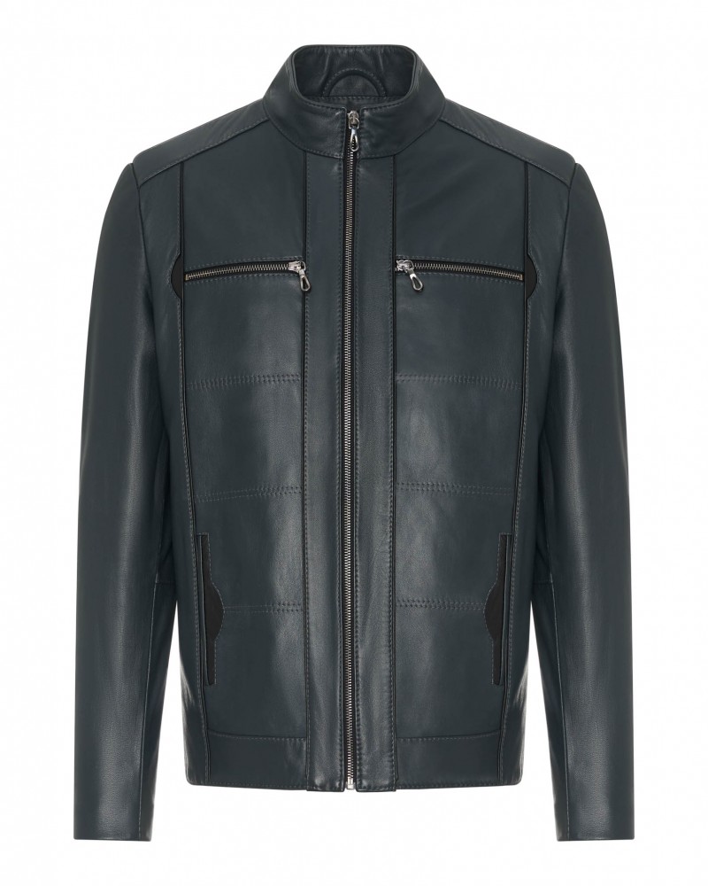 Kurtka skórzana męska w ciemnym odcieniu, z zamkami błyskawicznymi i minimalistycznym krojem