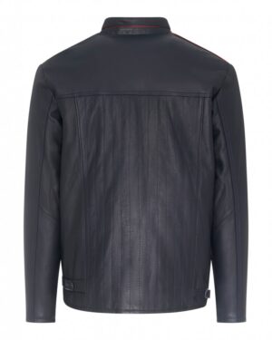 Kurtka skórzana męska w kolorze granatowym z przeszyciami i klasycznym kołnierzem, idealna na zimowe dni