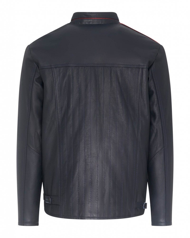 Kurtka skórzana męska w kolorze granatowym z przeszyciami i klasycznym kołnierzem, idealna na zimowe dni