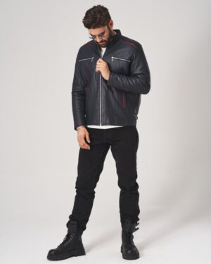 Kurtka skórzana męska w kolorze czarnym z czerwonymi detalami i dwoma kieszeniami na zamek