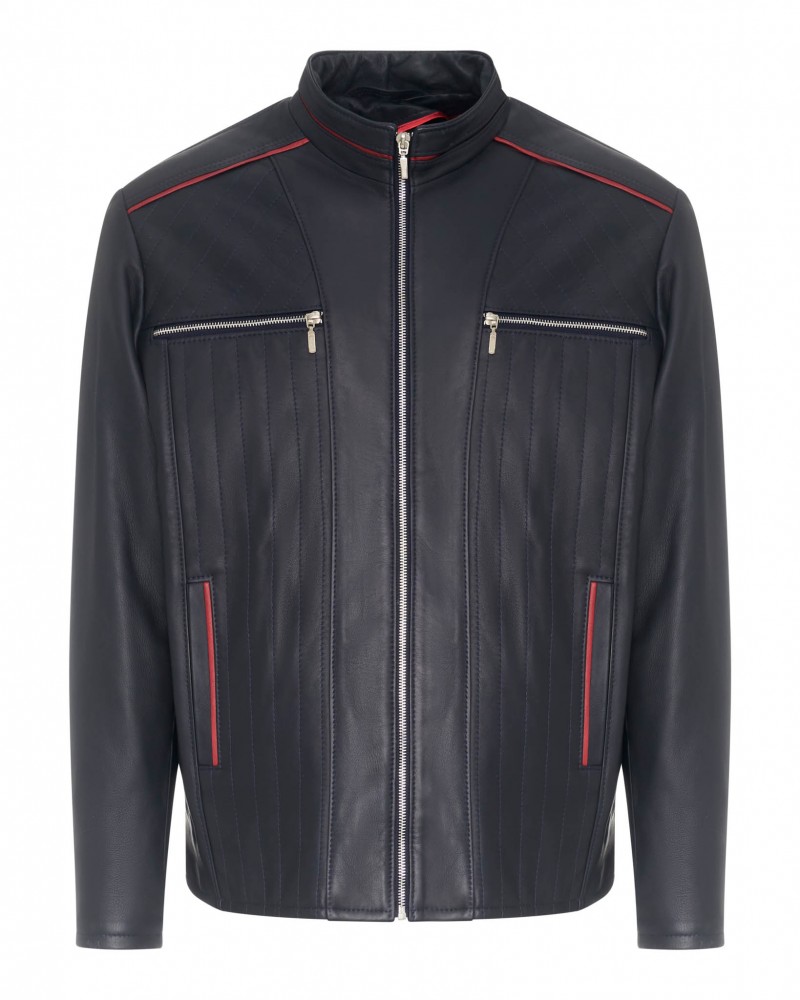 Kurtka skórzana męska w kolorze czarnym z czerwonymi detalami, zapinana na suwak, z kieszeniami na zamek