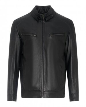 kurtka skórzana męska w kolorze czarnym z zamkiem, kieszeniami na suwak i klasycznym kołnierzem