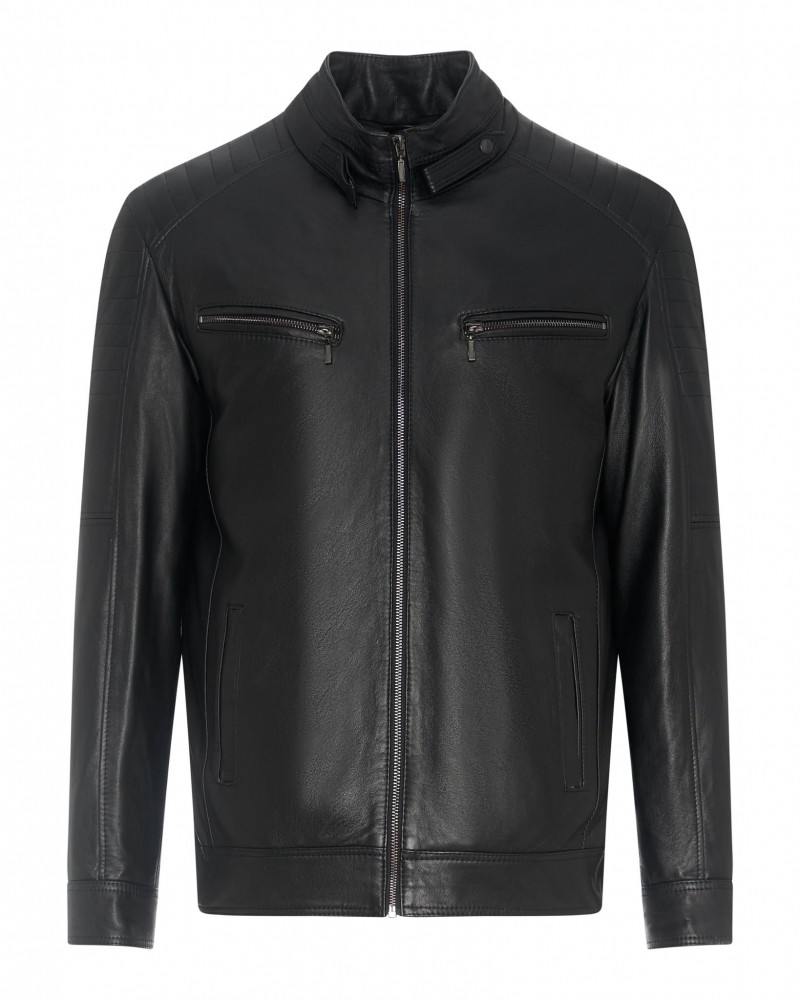 kurtka skórzana męska w kolorze czarnym z zamkiem, kieszeniami na suwak i klasycznym kołnierzem