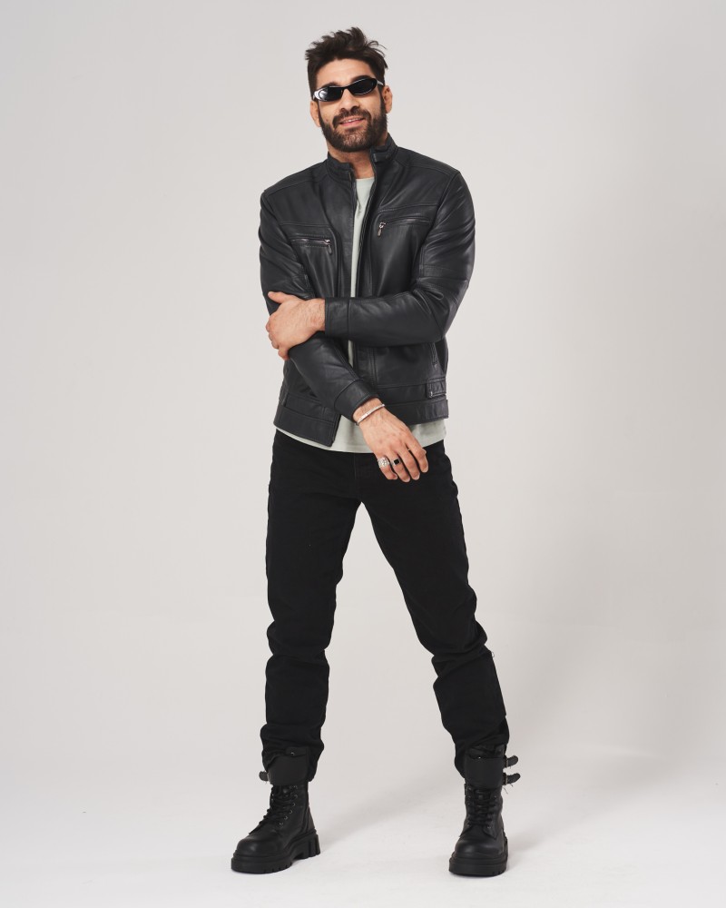 kurtka skórzana męska w kolorze czarnym z zamkami i stójką, idealna na zimowe dni