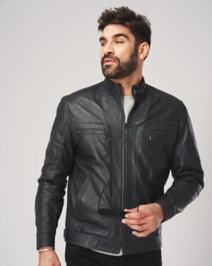 Kurtka skórzana męska w kolorze czarnym z zamkiem, kieszeniami na suwak i klasycznym kołnierzem