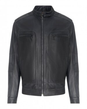 Kurtka skórzana męska w kolorze czarnym, z zamkiem, kołnierzem i dwoma kieszeniami na piersi